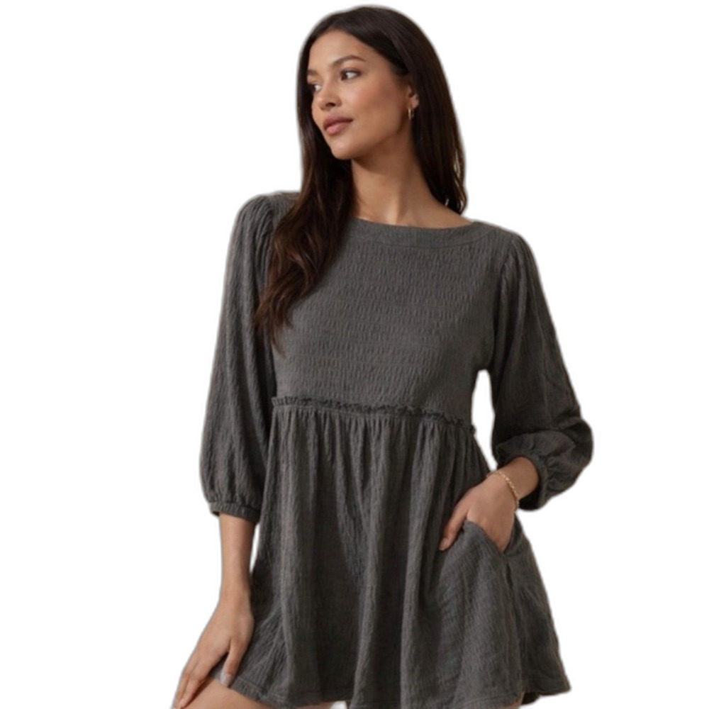 Free People Beach Get Obsessed Babydoll Dress Gray Large Cotton Gauze Oversized